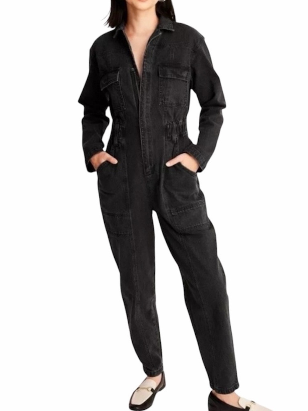 Universal Thread Long Sleeve Zip Front Denim Jumpsuit Washed Black Size 14